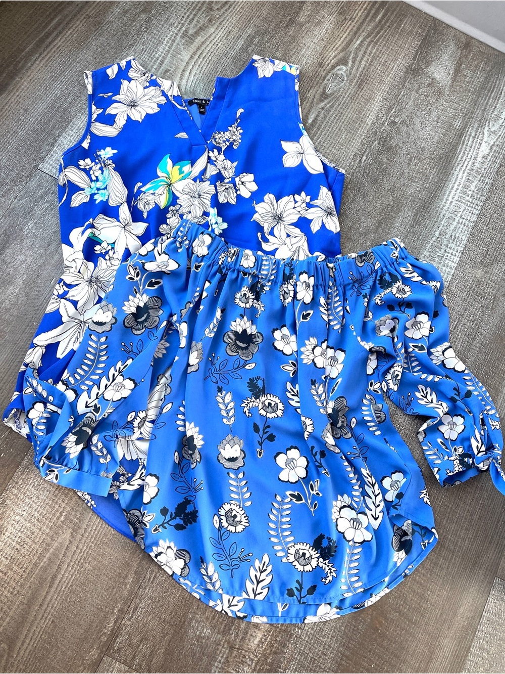 2 x Blue Floral Women Top LARGE Off Shoulder Sleeveless Tunic Shirt Blouse Sz L